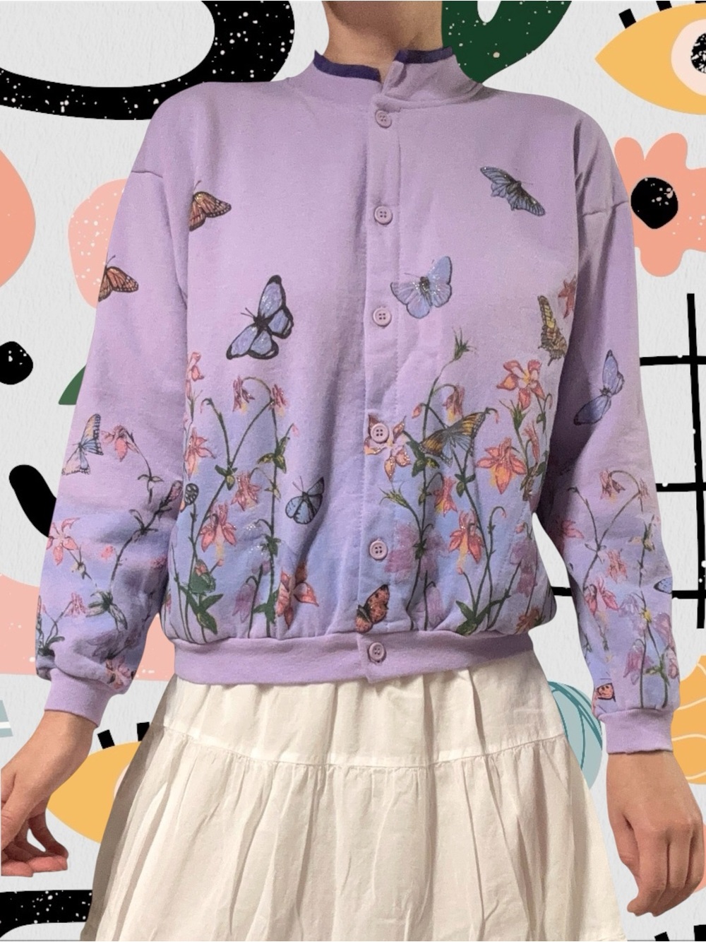 Artisans | Vintage 90s/Y2K Purple Button Front Butterfly Floral Sweatshirt